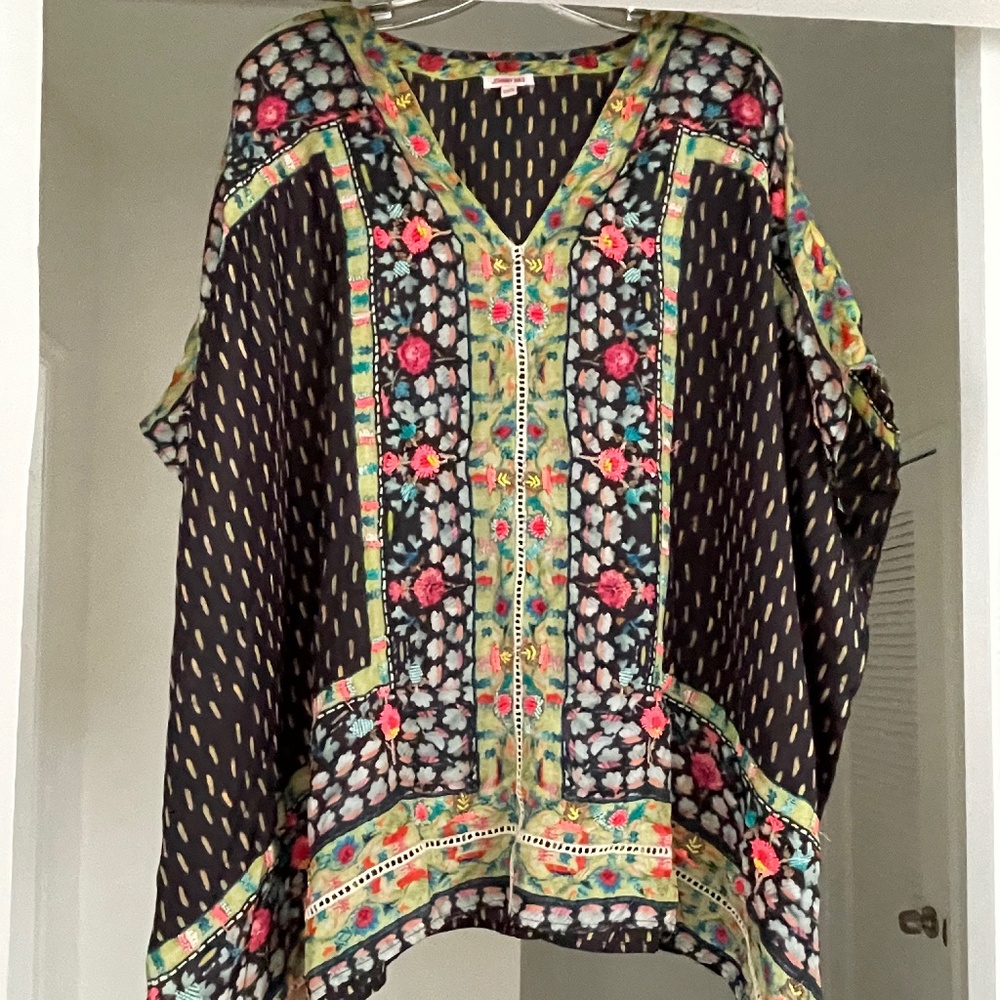 Johnny Was 100% SILK PANCHO with detailed beadwork, tiny sequins, eyelet O/S
